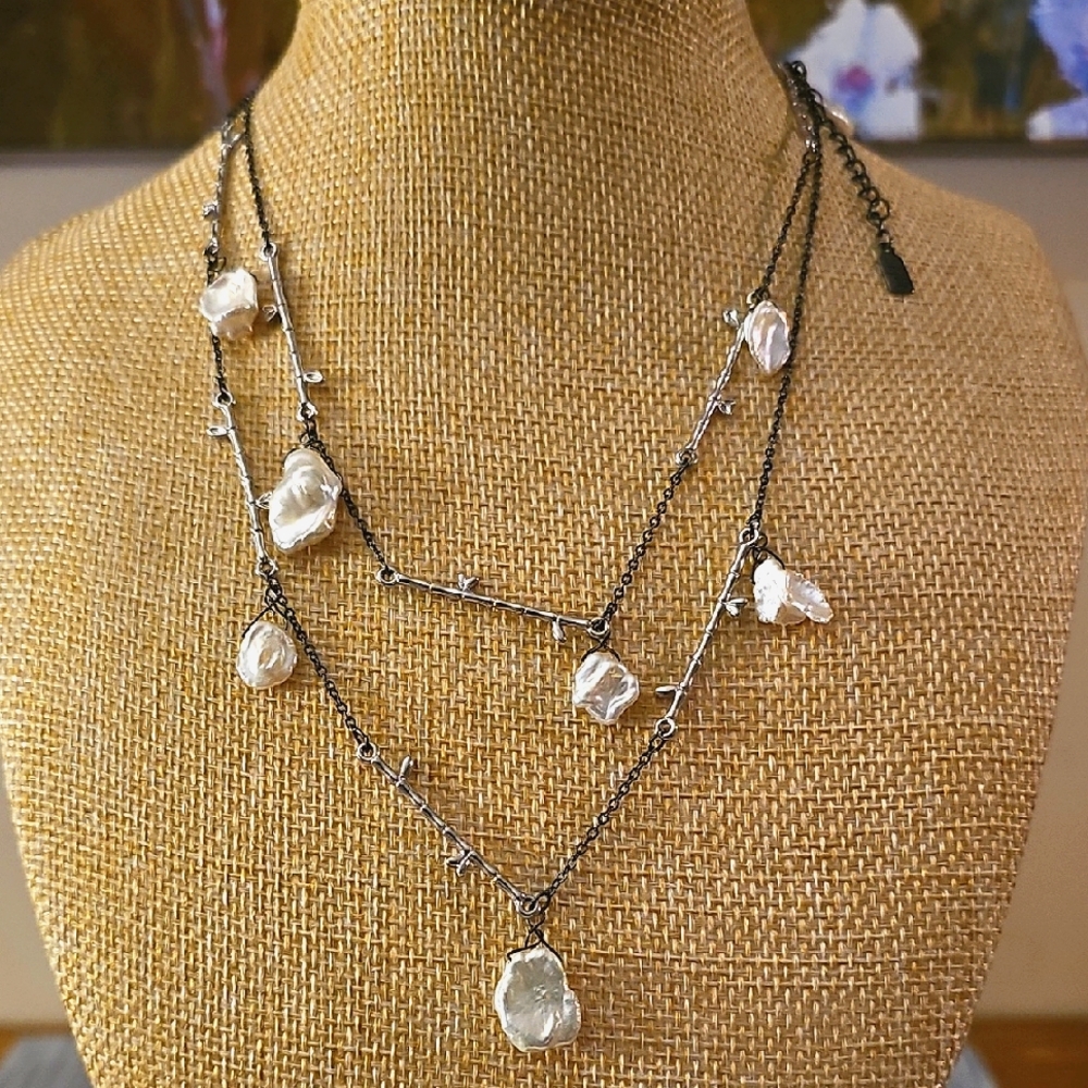 J.Jill Long Necklace with Faux Baroque Pearls with Silvertone Branch Accent